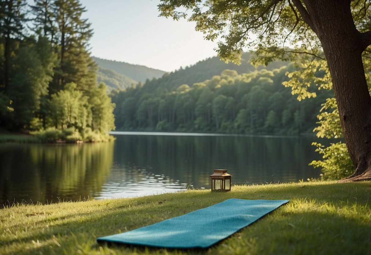 A serene outdoor setting with a clear blue sky, lush greenery, and a peaceful lake. A yoga mat is placed on the grass, with a gentle breeze blowing through the trees