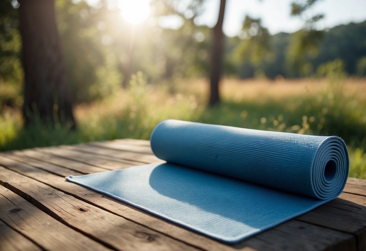 A serene outdoor setting with a yoga mat, surrounded by nature, and a clear blue sky