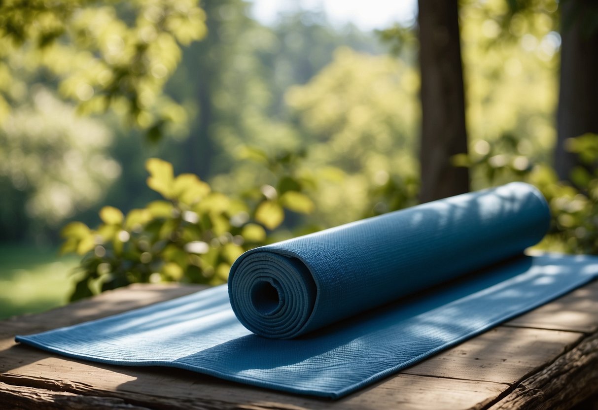 A serene outdoor setting with a yoga mat surrounded by nature, a clear blue sky, and gentle sunlight filtering through the trees