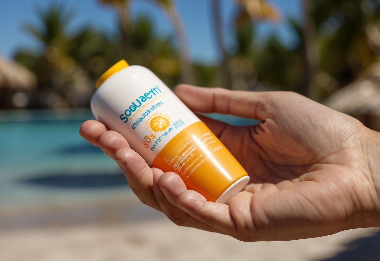 A hand holding a bottle of sunscreen, squeezing out the lotion onto a palm. The hand then rubs the sunscreen onto a surface, ensuring full coverage