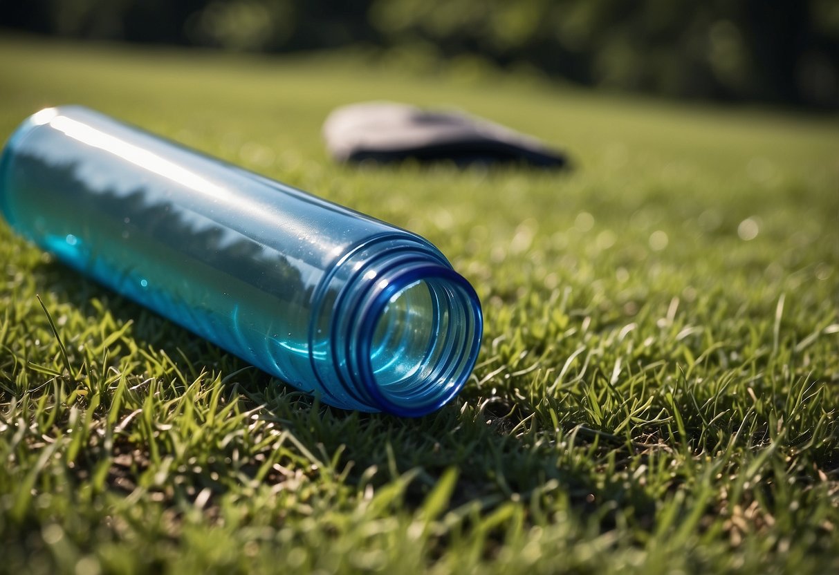 A water bottle sitting next to a yoga mat outdoors, with a clear blue sky and green grass in the background