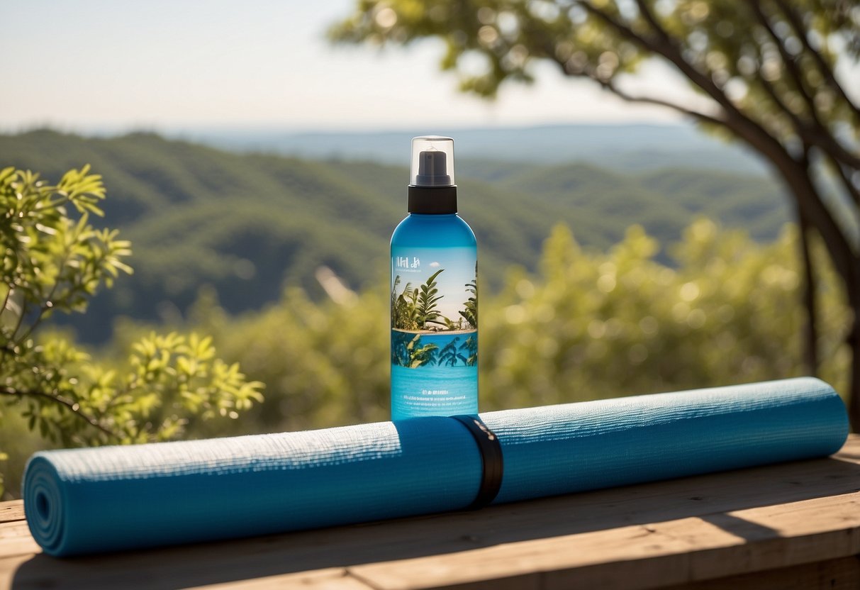 A serene outdoor setting with a yoga mat, water bottle, sunscreen, and bug spray. A peaceful atmosphere with trees, birds, and a clear sky