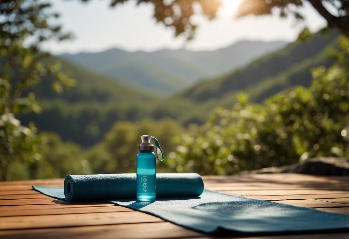 A yoga mat, water bottle, and sunscreen lay next to a shaded area with a clear view of the sky and surrounded by nature