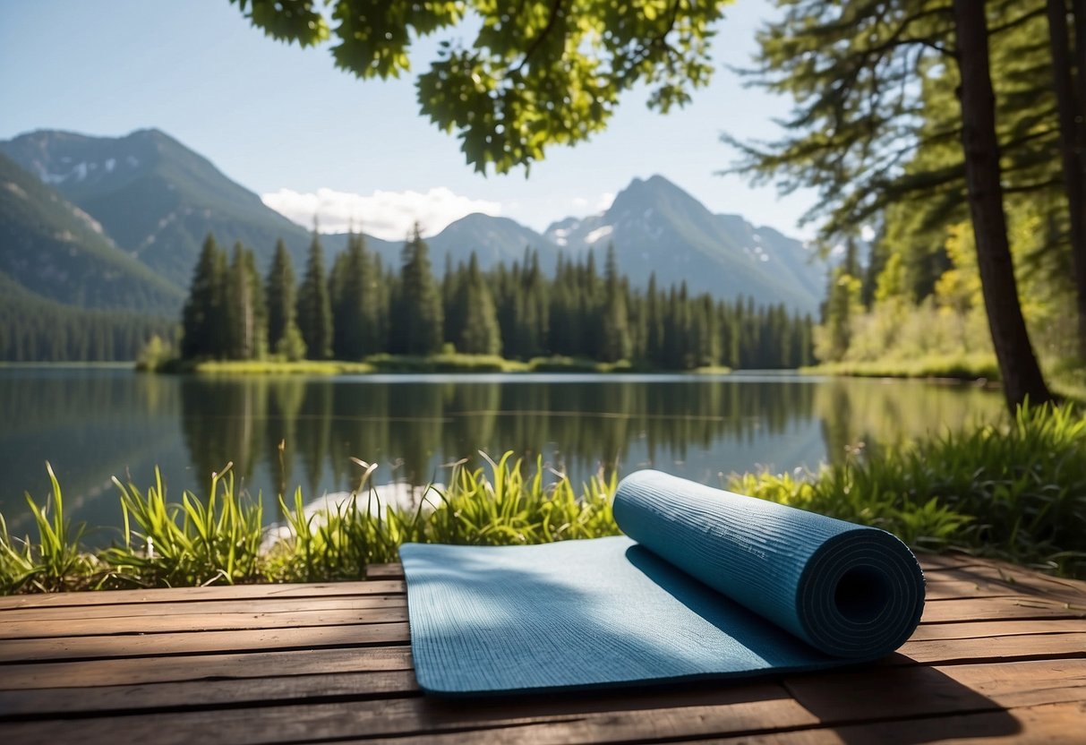 A serene mountain landscape with a clear blue sky, lush greenery, and a calm lake reflecting the surroundings. A yoga mat is placed on the grass, surrounded by peaceful nature