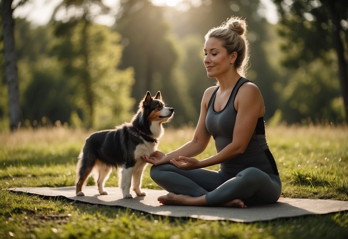 A person and their dog doing yoga in a peaceful outdoor setting, surrounded by trees and nature. The person is in a yoga pose while the dog sits or lays nearby, looking relaxed and content