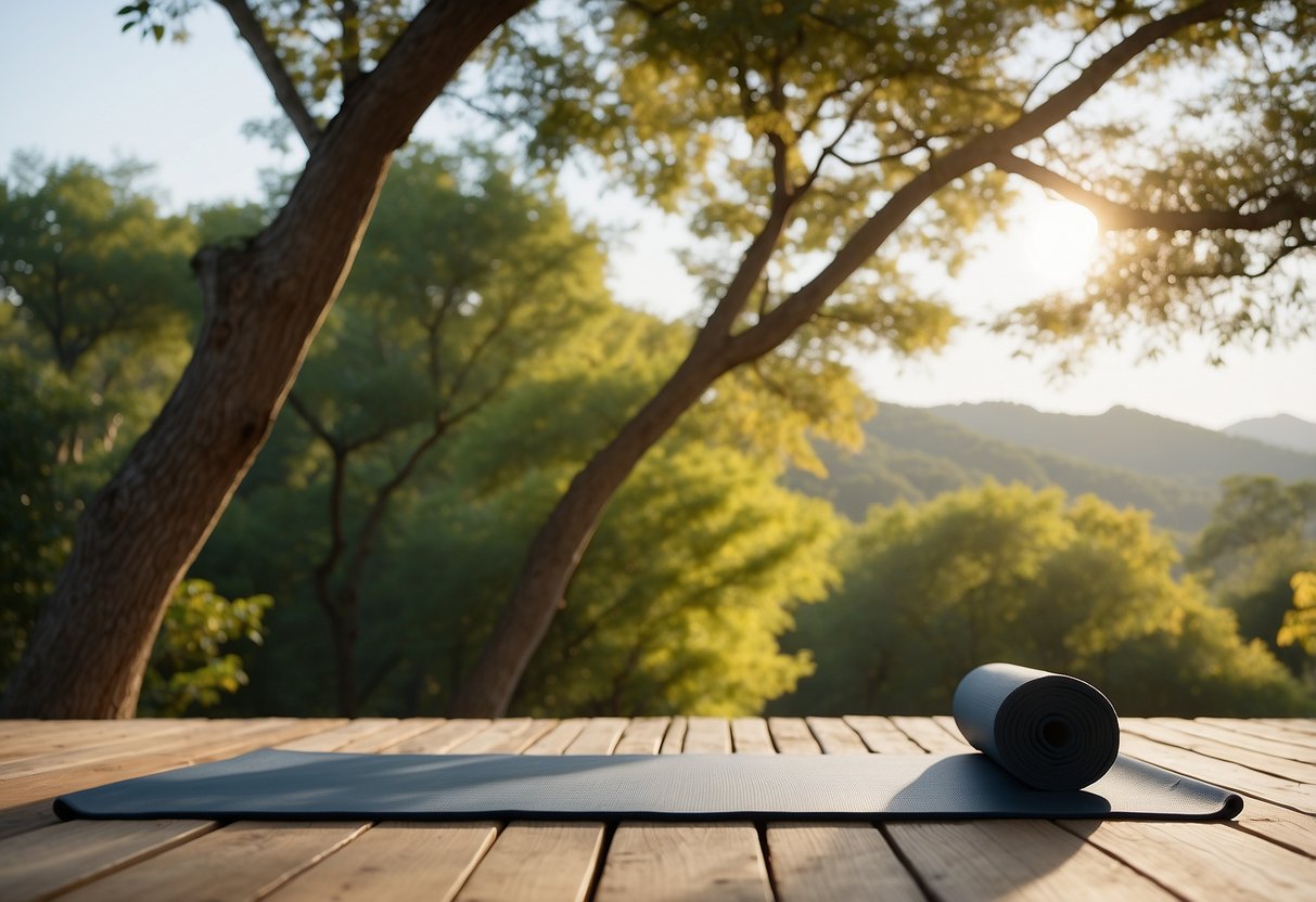 A serene, open space with trees and a clear sky. A yoga mat is laid out, with a small pet nearby. The area is peaceful and free from distractions