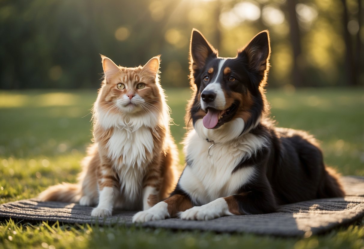 A dog and cat sit on pet-friendly mats in a peaceful outdoor setting, surrounded by nature. The sun shines down as the animals join their owner in practicing yoga poses