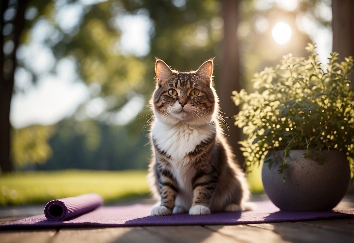 A person's pet sits calmly beside a yoga mat in a peaceful outdoor setting, surrounded by nature. The sun shines down as the pet's owner practices yoga poses nearby