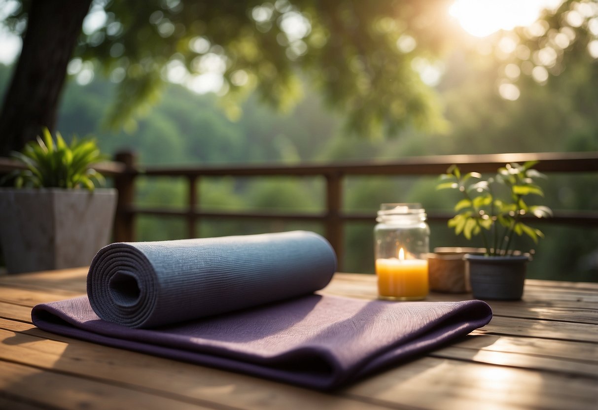 A serene outdoor setting with a yoga mat, surrounded by nature and pets, either in the soft morning light or the warm glow of the evening sun