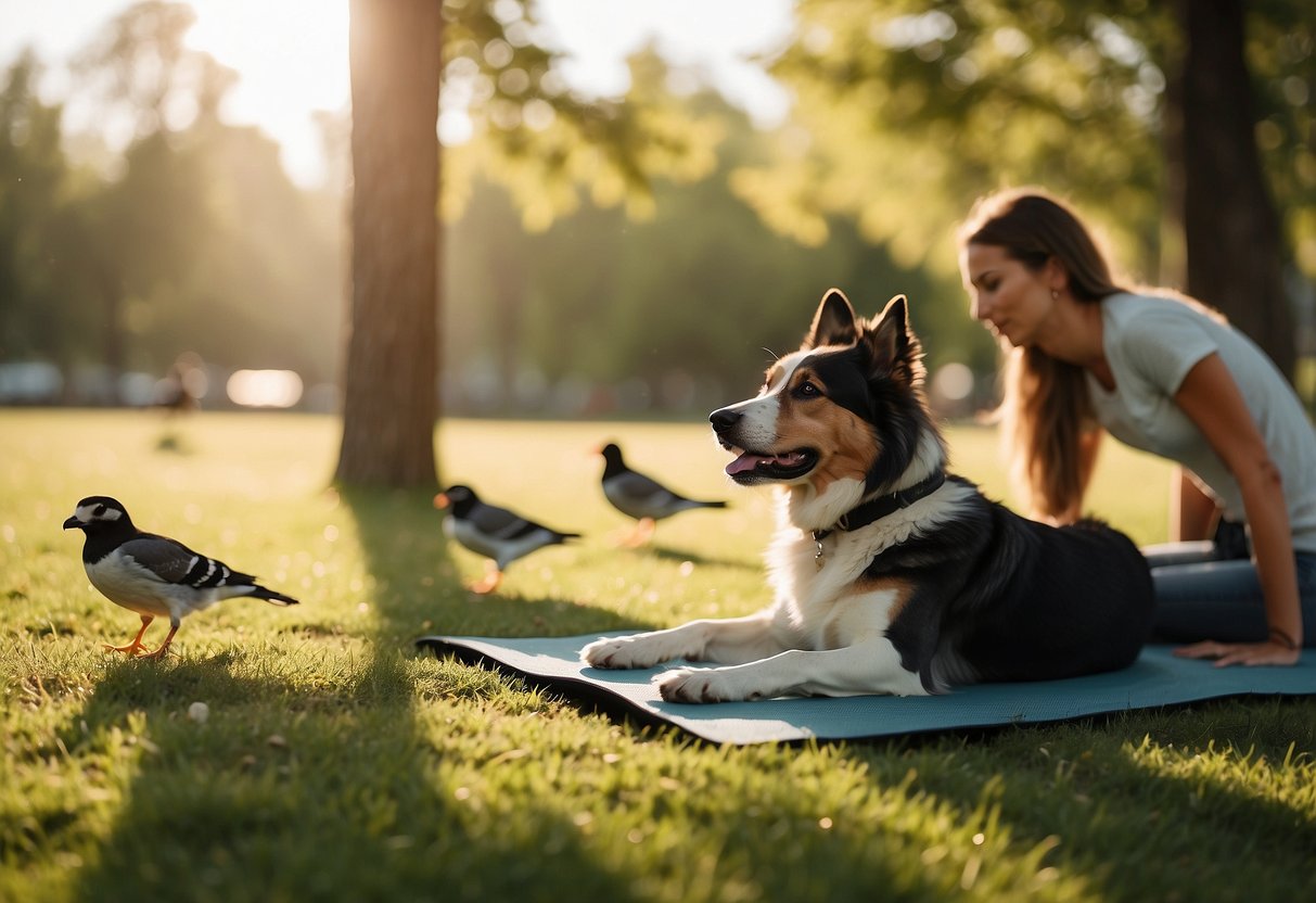 A dog sits calmly next to a person doing yoga in a grassy park. The sun is shining, and birds are chirping in the background