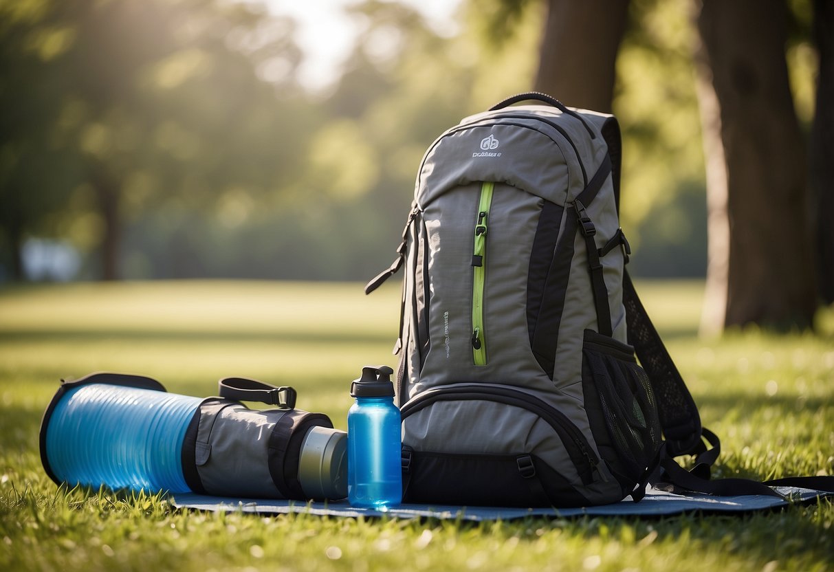 A backpack with water bottle, collapsible bowl, and leash. Yoga mat on grass with pet nearby. Sunshine and trees in the background