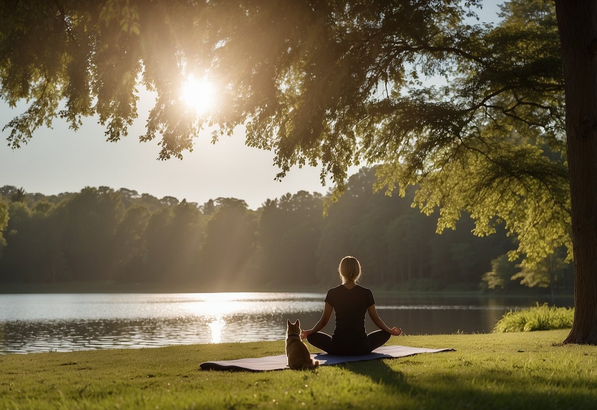 A serene park with a grassy clearing, a peaceful pond, and tall trees. A person is practicing yoga with their pet dog or cat nearby. The sun is shining, and there is a sense of calm and tranquility in the air