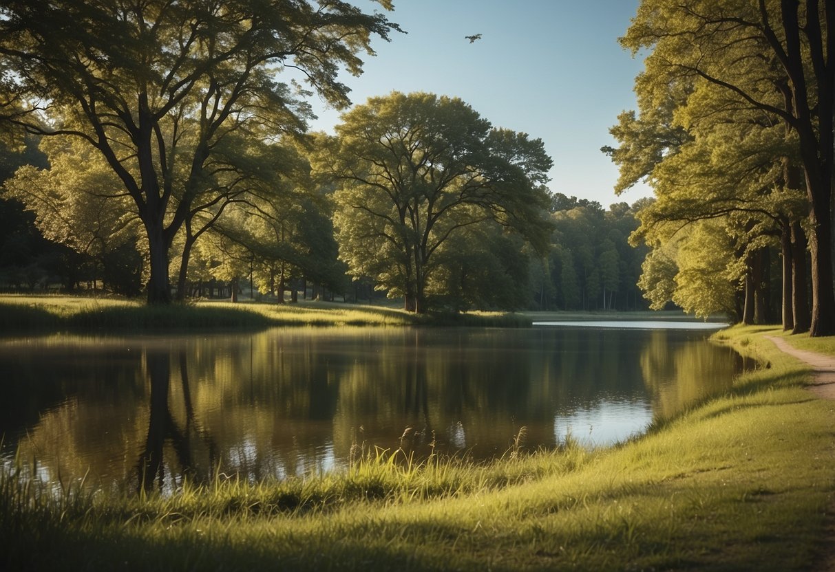 A serene park with a grassy clearing surrounded by tall trees. A peaceful lake or flowing river nearby. A gentle breeze rustles the leaves, and birds chirp in the distance