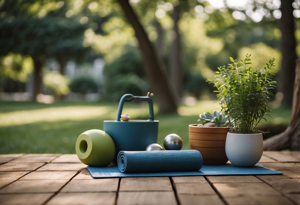 A serene outdoor space with a yoga mat, water bowl, and pet toys. Trees and greenery surround the area, creating a peaceful atmosphere for outdoor yoga with pets