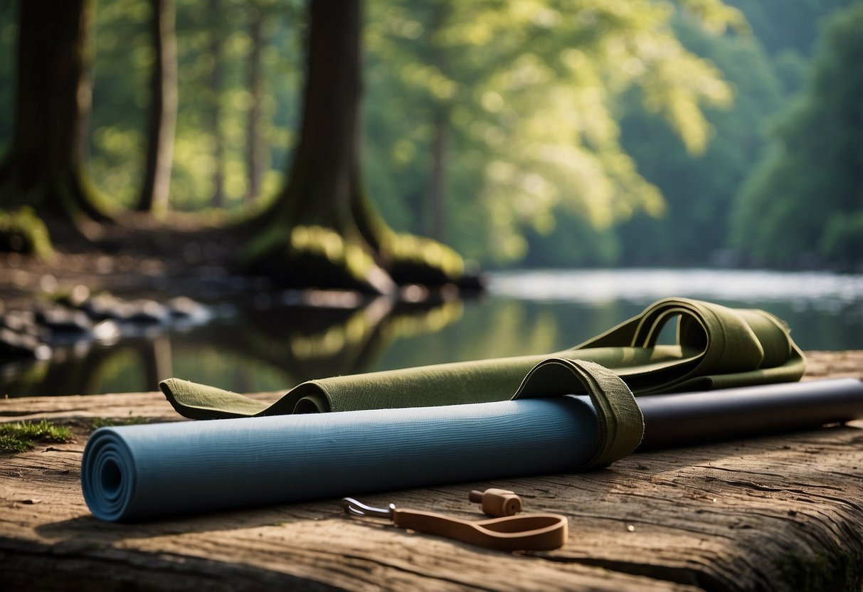 A serene forest clearing with a yoga mat, surrounded by towering trees and a peaceful stream, with multi-tools laid out for outdoor yogis