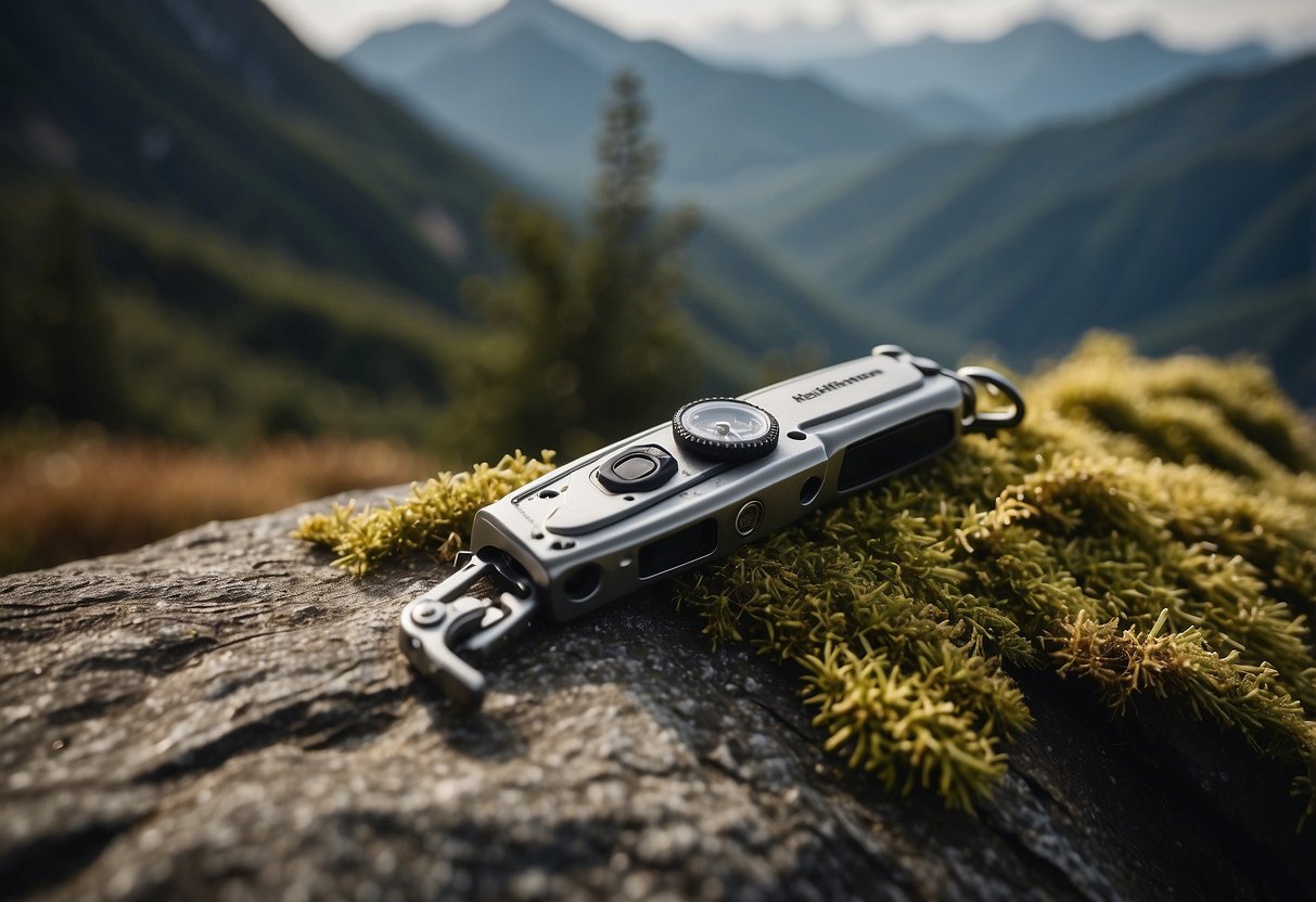 A Leatherman Wave Plus multitool lies open on a mossy rock, surrounded by hiking gear and a yoga mat, with a serene mountain landscape in the background