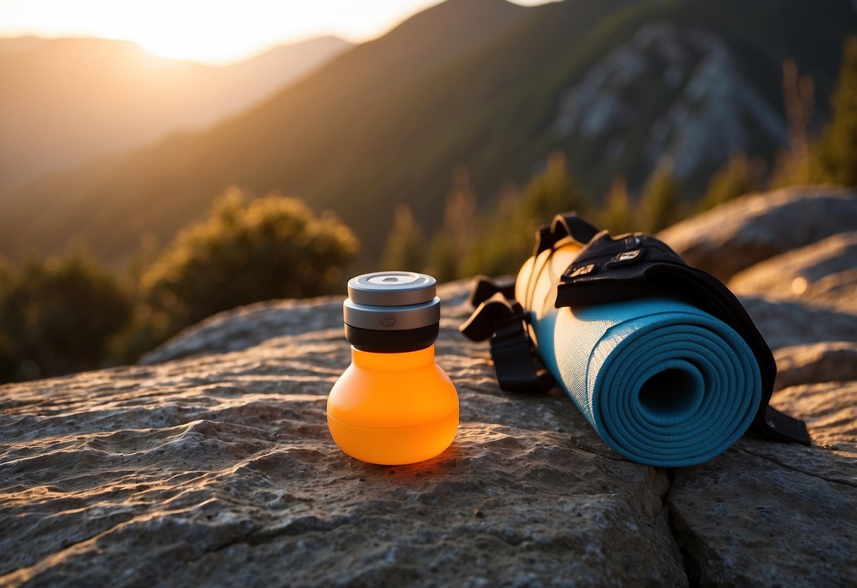 A mountain landscape with a yoga mat, water bottle, and Gerber Suspension-NXT multi-tool laid out on a rock. The sun is setting in the background, casting a warm glow over the scene