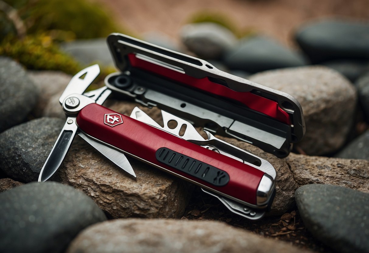 A Victorinox Swiss Army multi-tool sits open on a rugged outdoor surface, surrounded by various outdoor yoga accessories