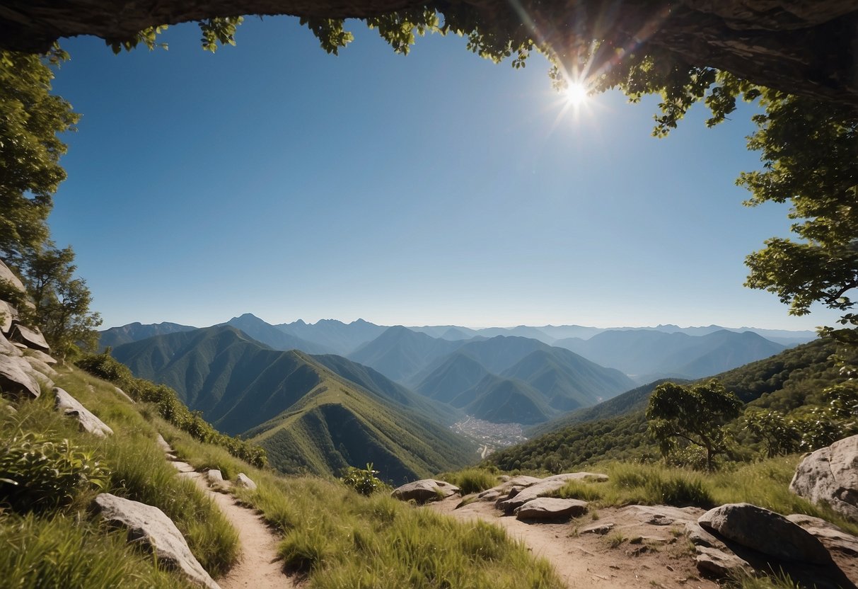 A mountain landscape with a clear blue sky, featuring a hiking trail with various outdoor yoga poses being performed, surrounded by lush greenery