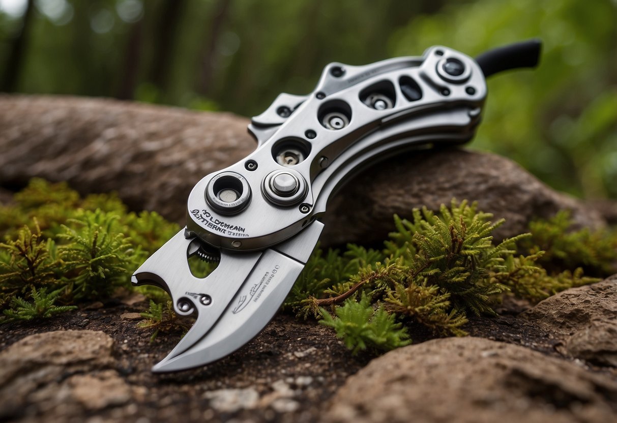 A Leatherman Skeletool RX multi-tool lies open on a rocky outdoor yoga mat, surrounded by lush greenery and a serene natural landscape