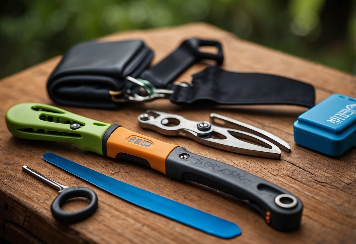 Multi-tools displayed with outdoor yoga gear in natural setting. Tools include various blades, pliers, and screwdrivers. Bright colors and durable materials stand out