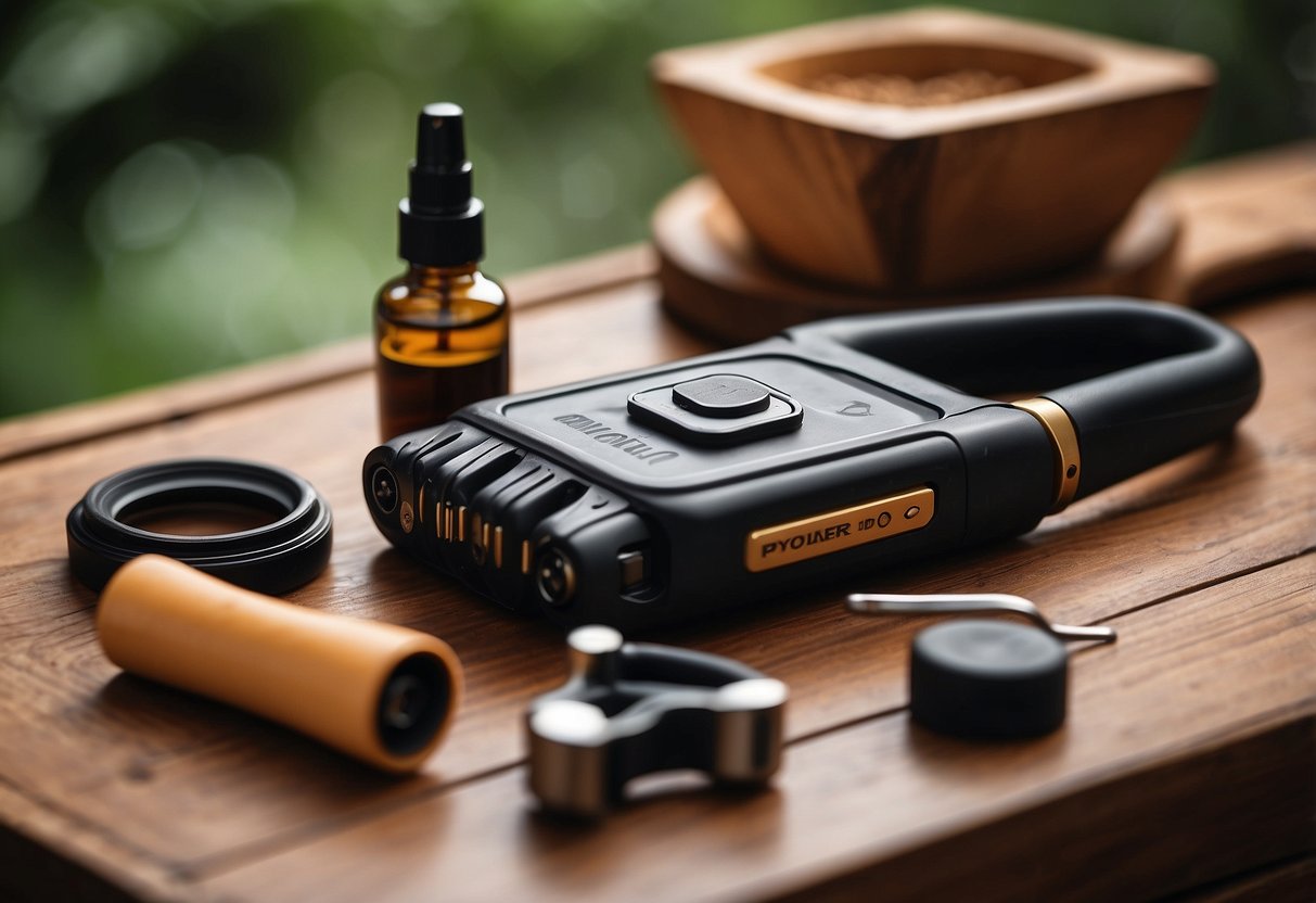 A multi-tool laid out on a clean, flat surface with various outdoor yoga props surrounding it. A small brush and oil are nearby for maintenance