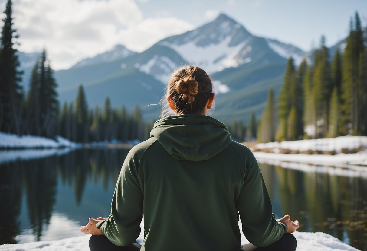 Snow-covered mountains, evergreen trees, and a serene lake create the perfect backdrop for outdoor winter yoga. The crisp air and peaceful surroundings offer a tranquil setting for a yoga practice