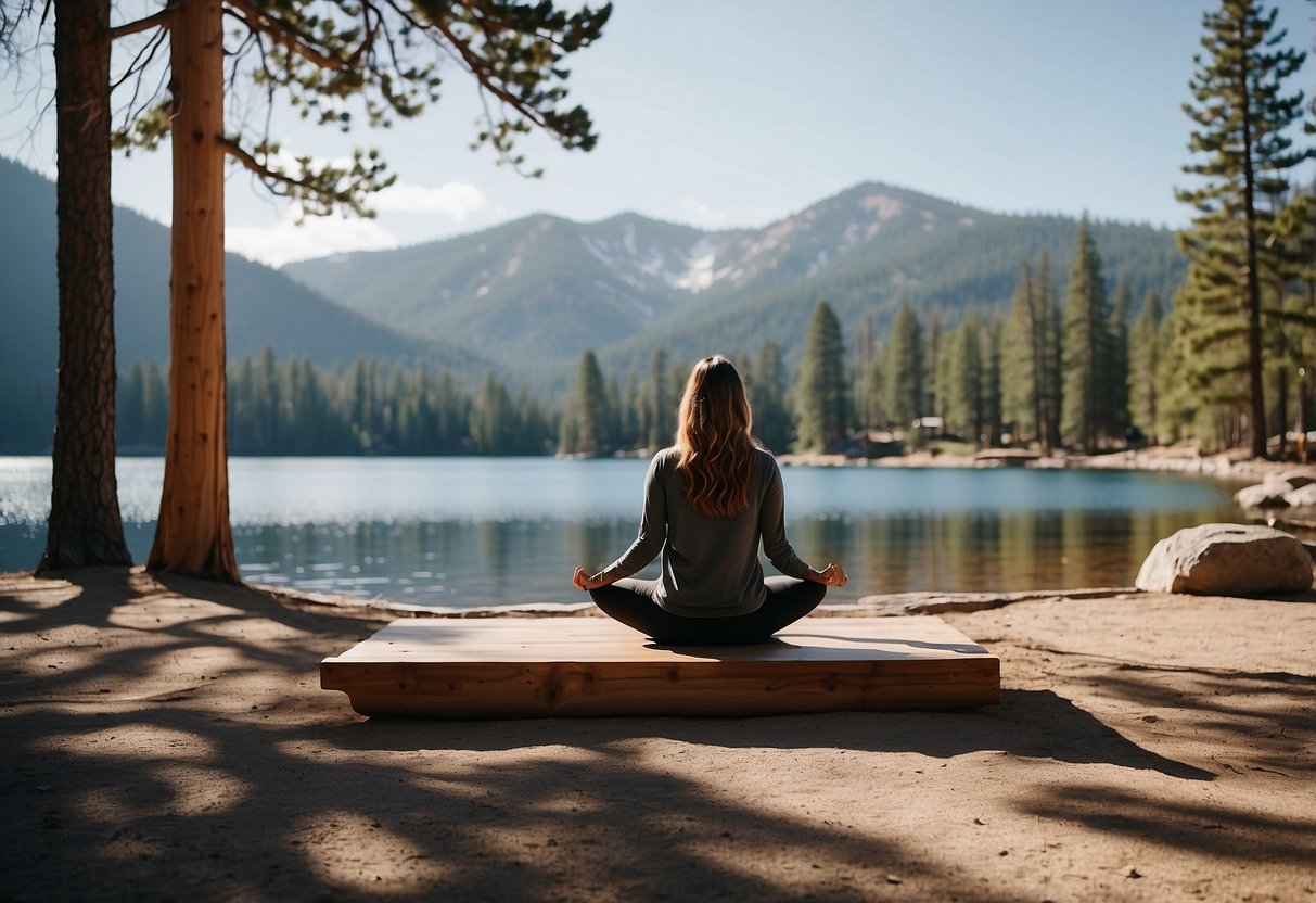 Snow-covered mountain backdrop, serene lake, pine trees, and a cozy outdoor yoga platform at Tahoe Mountain Yoga, California