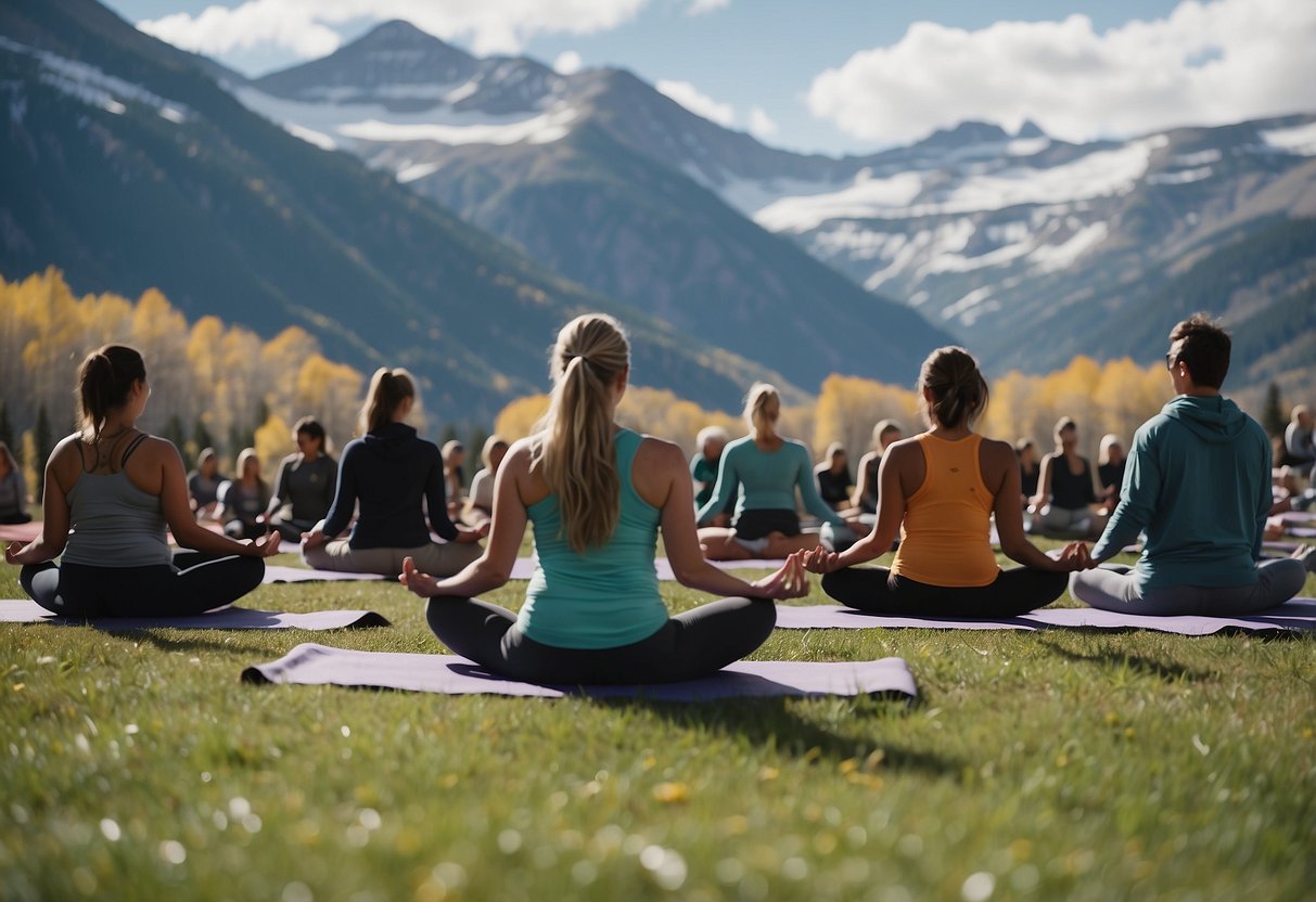 Snow-covered mountains surround a group of yogis practicing outdoor yoga in Telluride, Colorado for the annual yoga festival