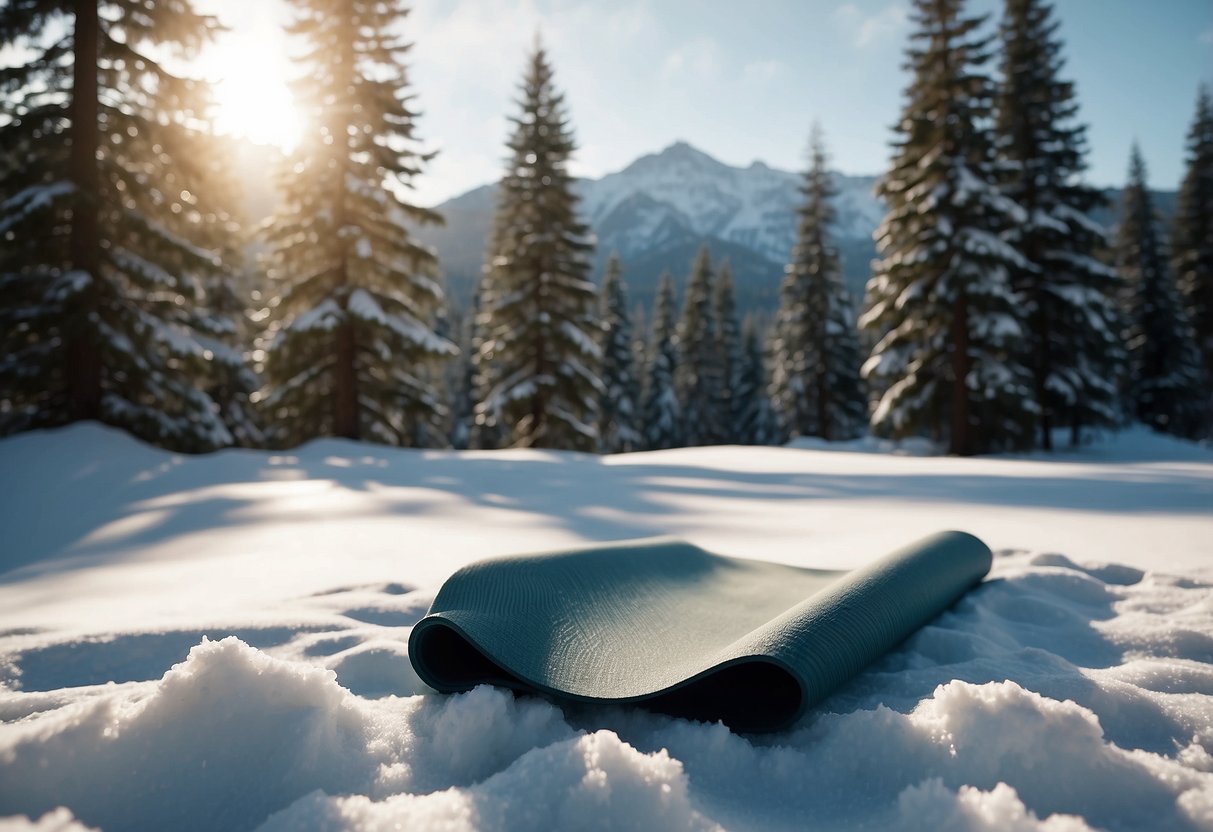 Snow-covered mountains surround a tranquil clearing. A yoga mat is placed on the pristine white snow, with a backdrop of tall pine trees and a clear blue sky