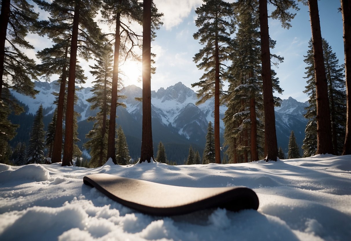 Snow-covered mountains frame a tranquil valley. A lone yoga mat rests on the pristine snow, surrounded by towering pine trees. A sense of peaceful solitude permeates the scene