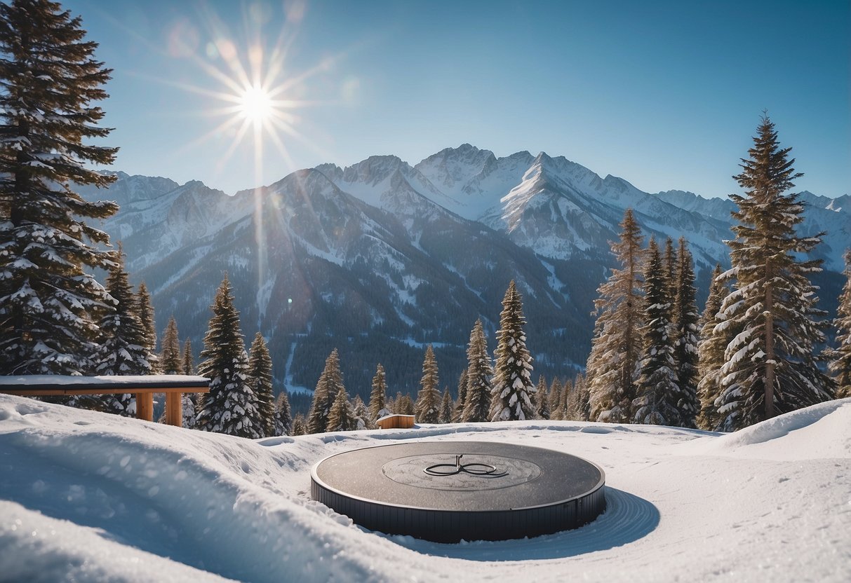 Snow-covered mountains with a clear blue sky, a serene yoga platform nestled among the trees, and skiers gliding down the slopes in the background