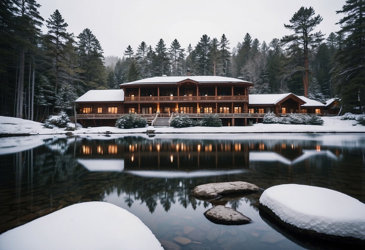 Snow-covered Lake Placid Lodge nestled in the Adirondack Mountains, surrounded by pine trees. A serene setting for winter outdoor yoga