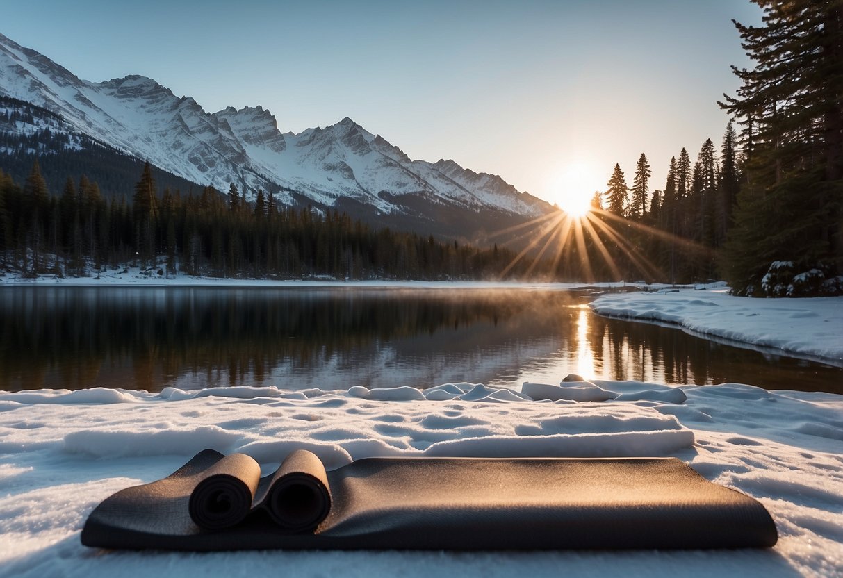 Snow-covered mountains, a serene lake, and evergreen trees surround a yoga mat on a peaceful, snowy clearing. The sun sets behind the peaks, casting a warm glow on the tranquil scene