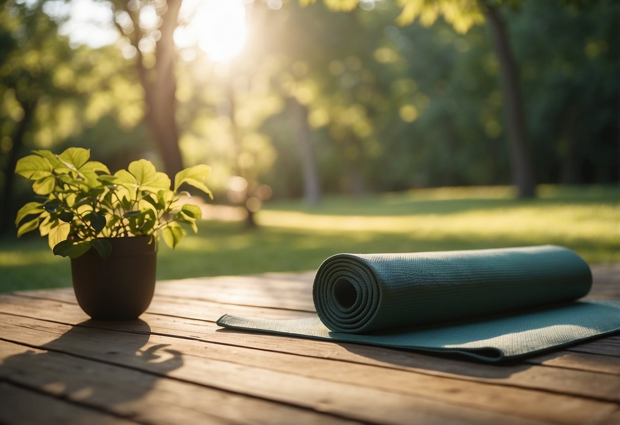 A serene outdoor setting with a yoga mat surrounded by nature. The sun is shining, birds are chirping, and a gentle breeze rustles the leaves