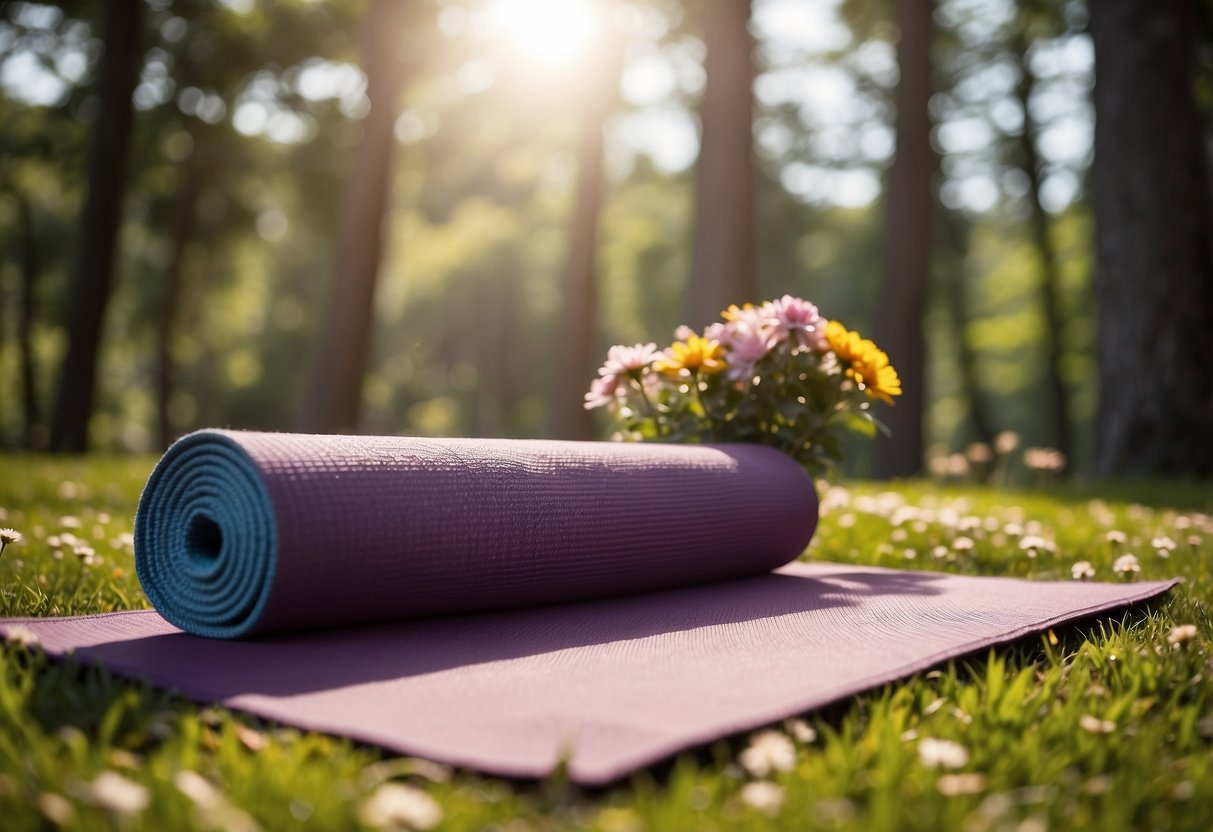 A colorful yoga mat lays on the grass, surrounded by blooming flowers and tall trees. The sun shines down, casting dappled shadows on the mat