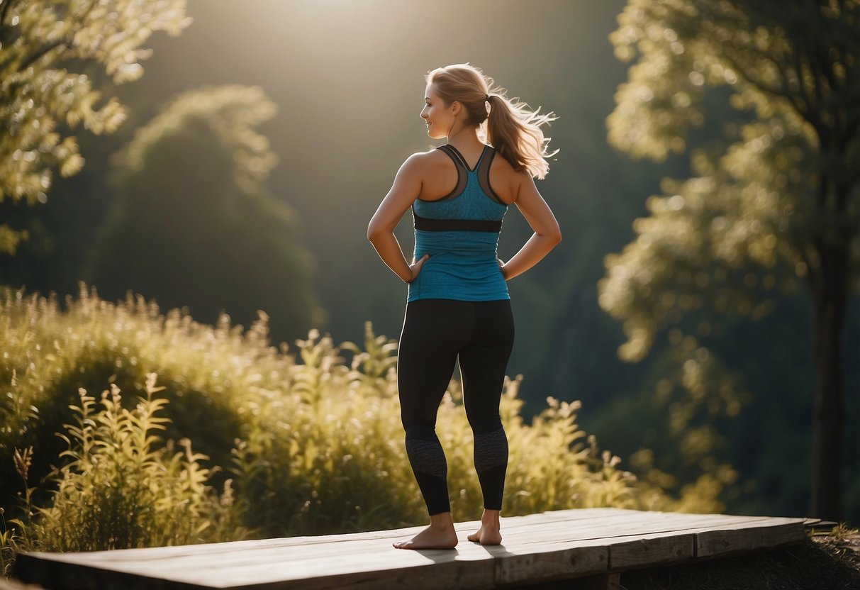 A person in outdoor yoga attire stands on a flat surface surrounded by nature, with clear weather and proper lighting