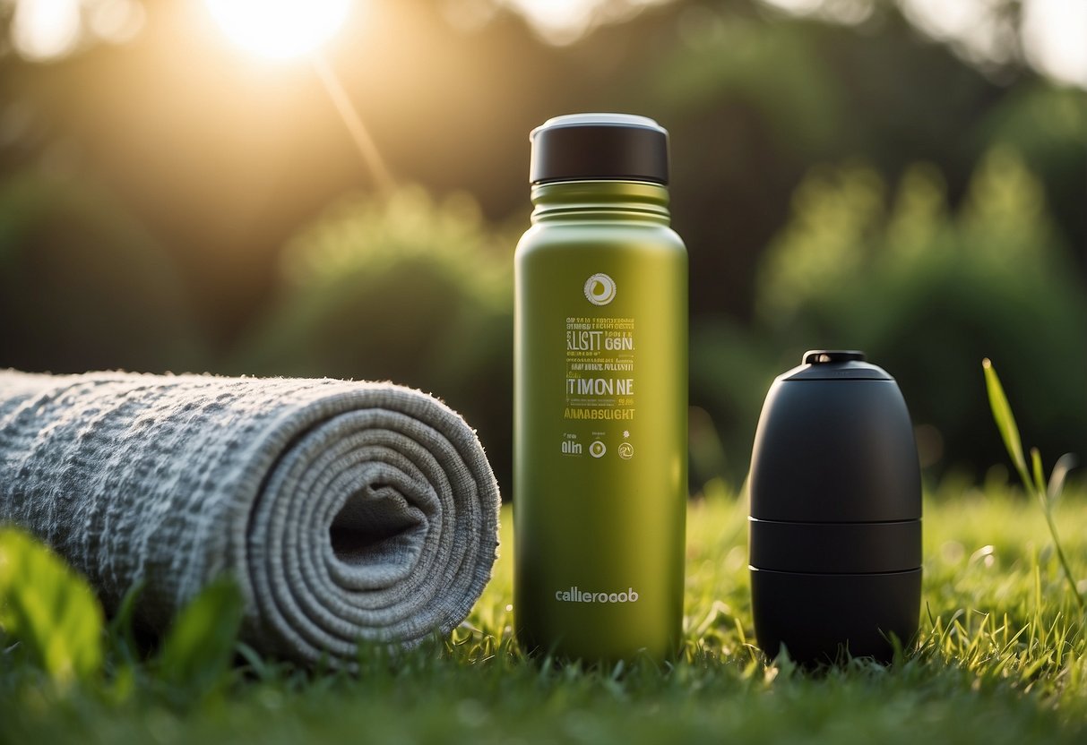 Bright sun, clear sky, lush greenery, yoga mat on grass, water bottle, towel, and a serene atmosphere