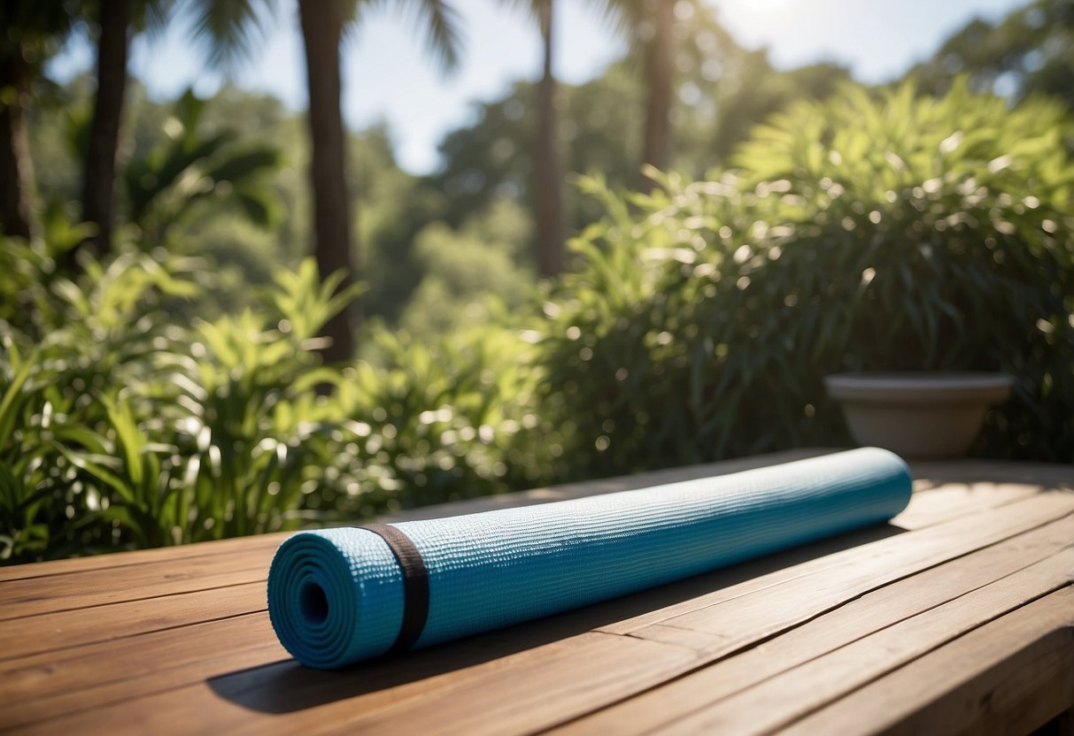 A serene outdoor setting with a yoga mat surrounded by lush greenery, with a clear blue sky and gentle sunlight streaming through the trees