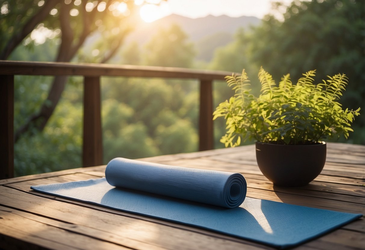 A serene outdoor setting with a yoga mat, surrounded by nature. The sun is shining, birds are chirping, and a gentle breeze is blowing