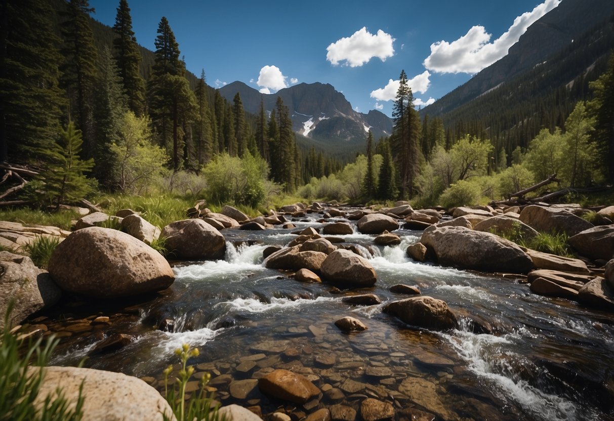 Crystal-clear streams flow through rocky terrain, surrounded by lush greenery and towering mountains in Rocky Mountain National Park