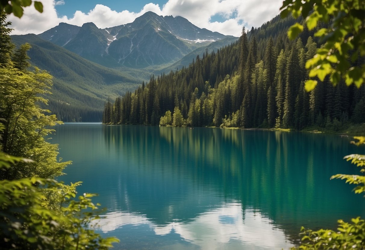 Clear blue lake surrounded by lush green trees, with distant mountains. Perfect for outdoor yoga