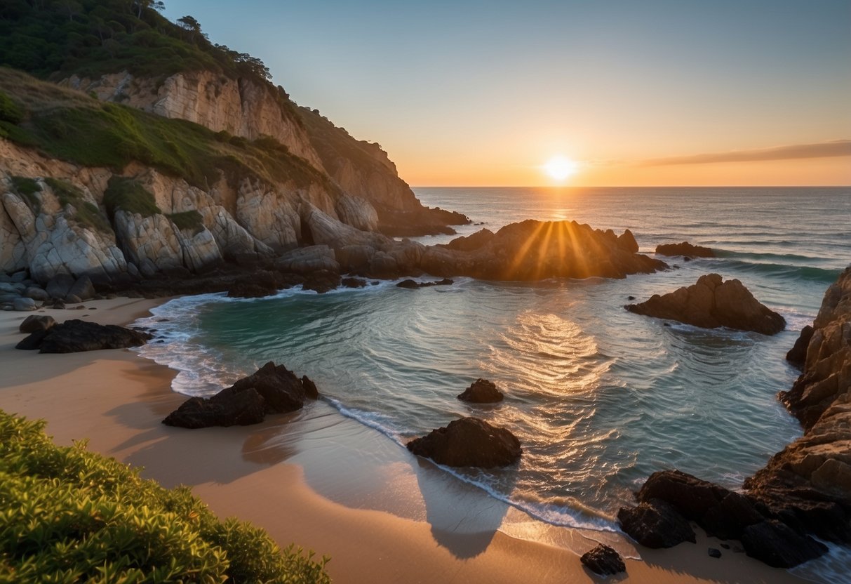 The sun sets over calm coastal waters, with rocky cliffs and lush greenery surrounding. A peaceful beach, a tranquil cove, and a serene tidal pool offer ideal spots for outdoor yoga