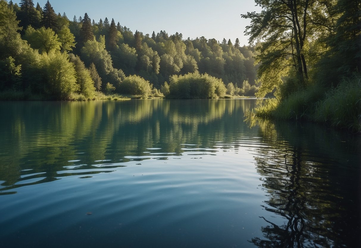 A serene lake surrounded by lush greenery, with a clear blue sky and gentle ripples on the water's surface