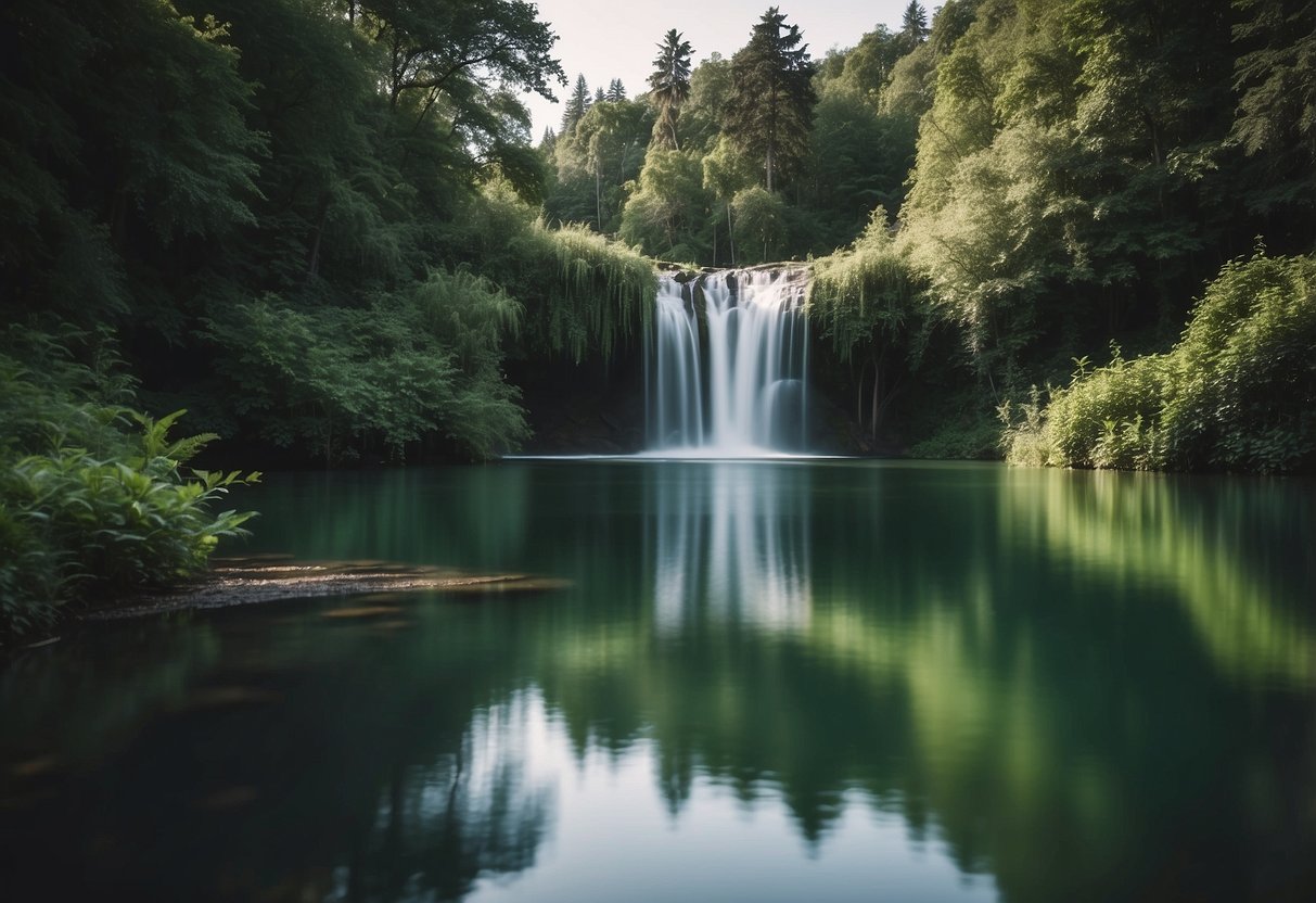 A serene lake surrounded by lush greenery, with a clear sky and gentle breeze. A small waterfall cascades nearby, adding to the tranquil atmosphere