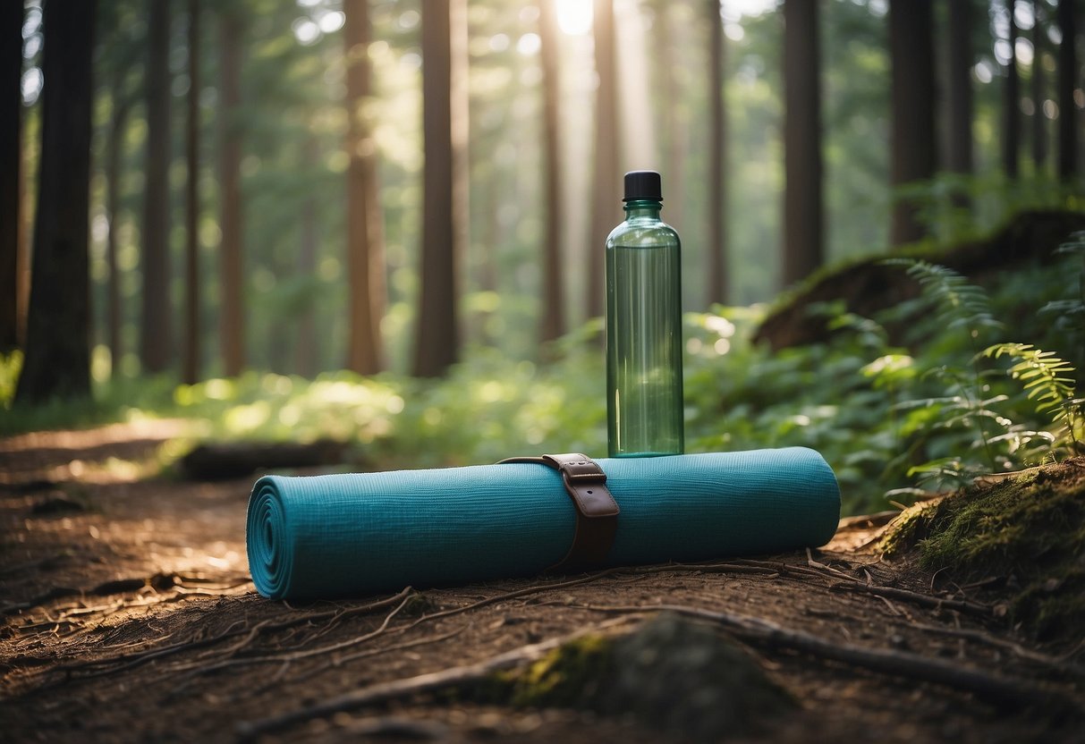 A serene forest clearing with a yoga mat, water bottle, and reusable bag. Surrounding trees and wildlife remain undisturbed. No litter or footprints are left behind