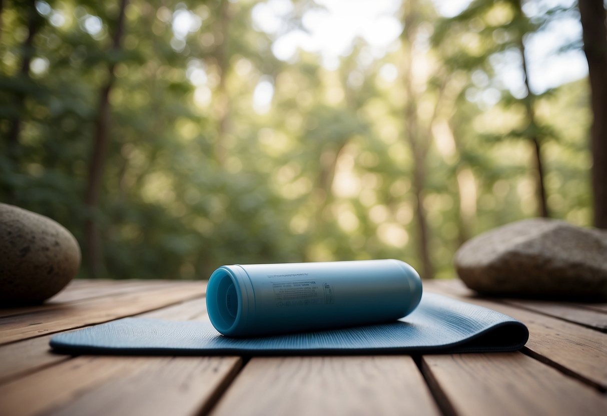 A serene outdoor yoga setting with a reusable water bottle placed on a yoga mat, surrounded by natural elements like trees, rocks, and a clear sky