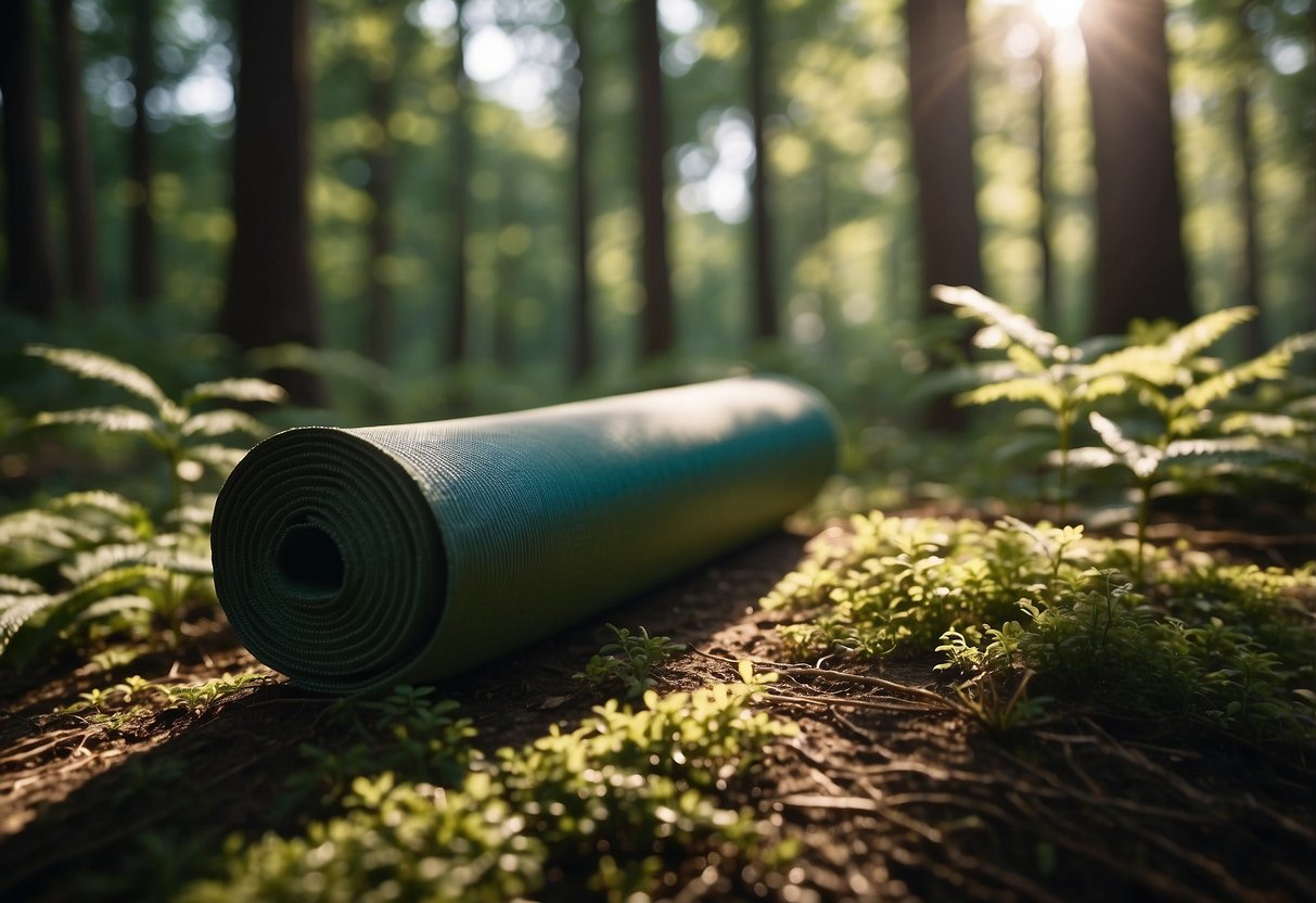 A serene forest clearing with a biodegradable yoga mat placed on the ground, surrounded by tall trees and dappled sunlight filtering through the leaves