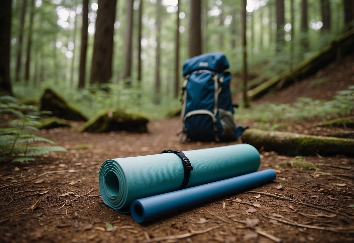 A serene forest clearing with a yoga mat, water bottle, and backpack. Signs displaying "Local Trail Rules" and "10 Ways to Leave No Trace" are posted nearby