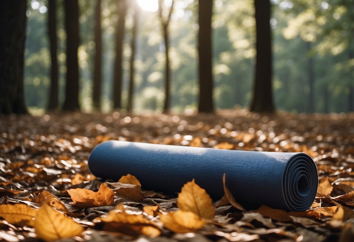 A serene forest clearing with a yoga mat placed on a bed of fallen leaves, surrounded by towering trees and dappled sunlight filtering through the branches